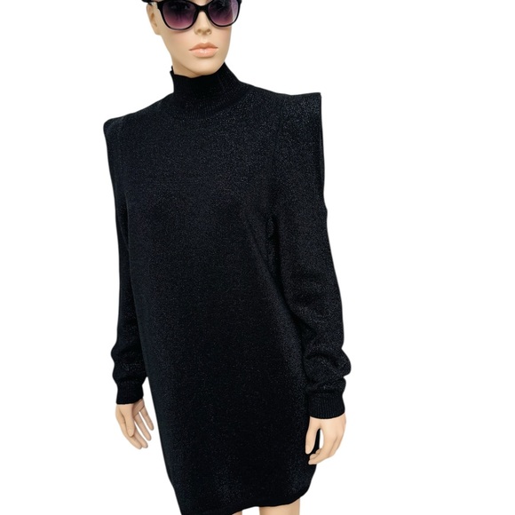 Zara Black Turtleneck Shoulder-Pad Sweater Metalic Long Sleeve Mini Dress - Picture 7 of 13